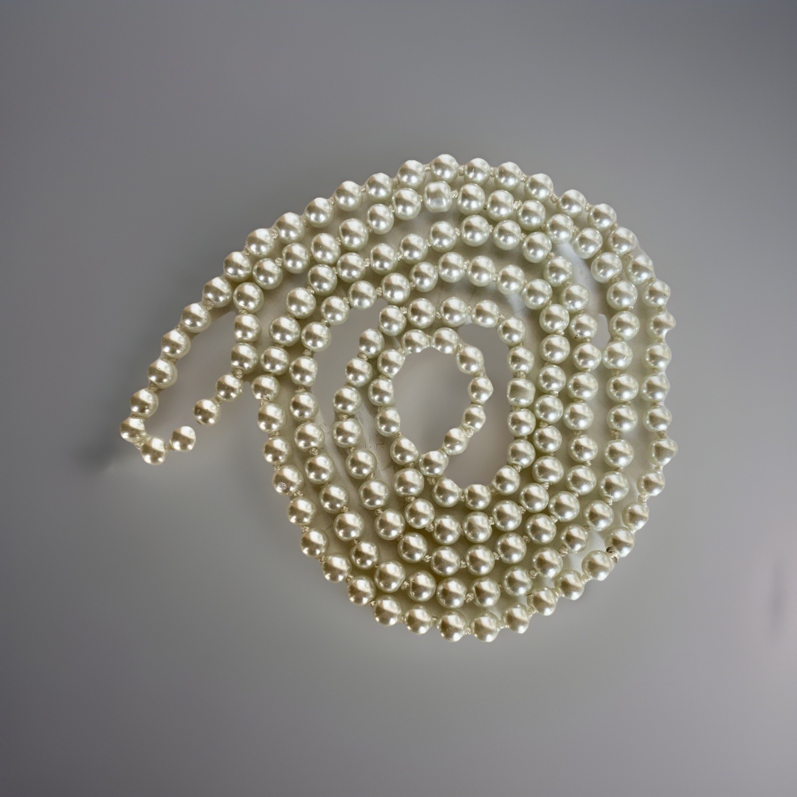 Vintage Rope Length Hand Knotted Faux Glass Pearl Necklace, 8mm Pearls, 56″