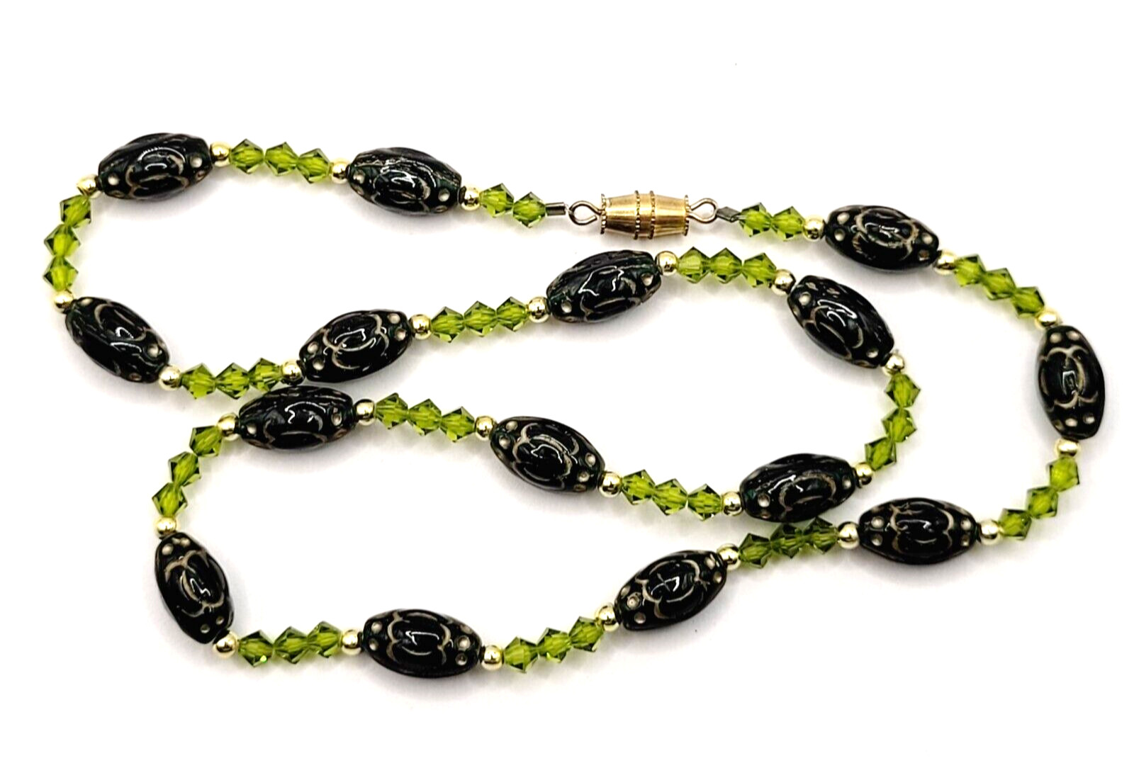 Green Art Glass Crystal Vintage Necklace Light & Dark Green Shades Gilded Beads