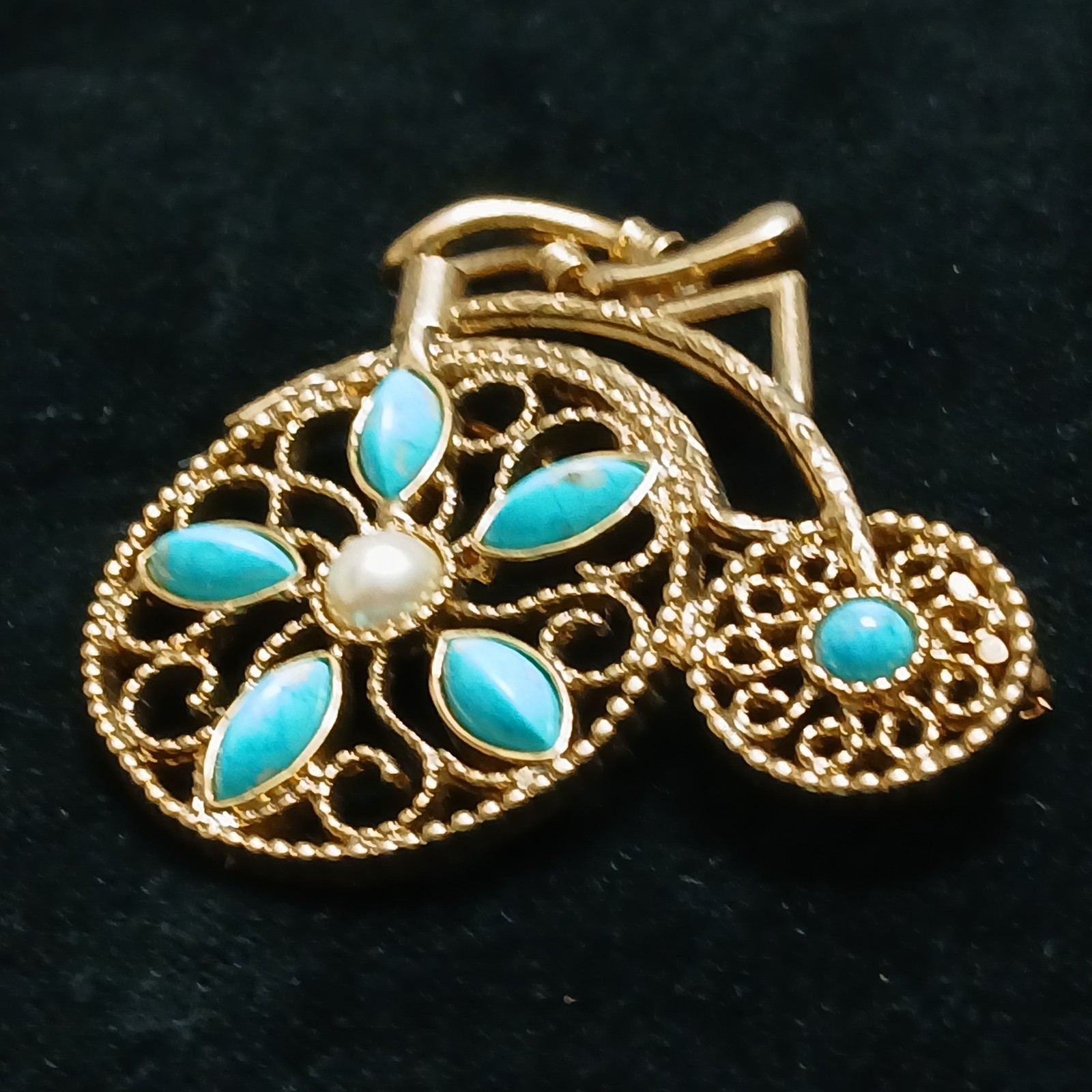Vtg Whimsical Bicycle Brooch Pin Faux Turquoise Cabochons Nostalgic Unique