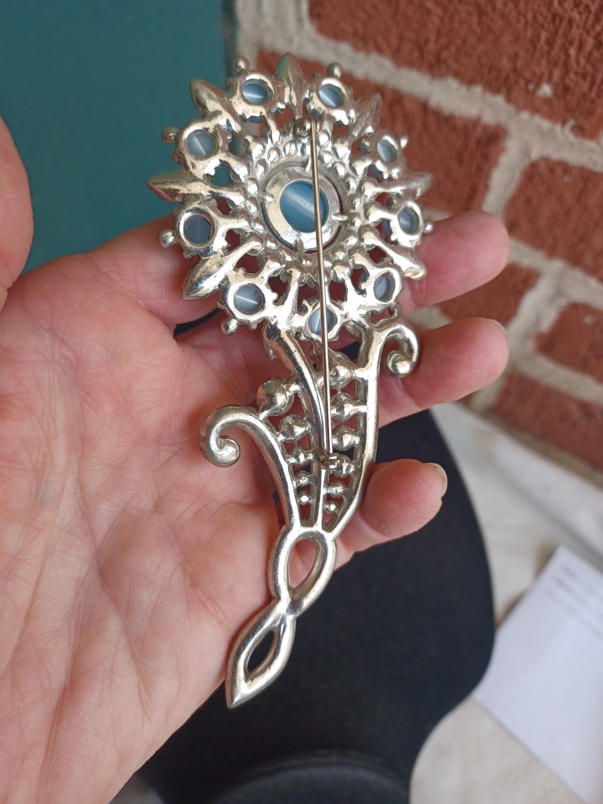 HUGE VINTAGE ART DECO ERA UNSGD CORO ? BLUE MOONGLOW CAB FLORAL RHINESTONE PIN