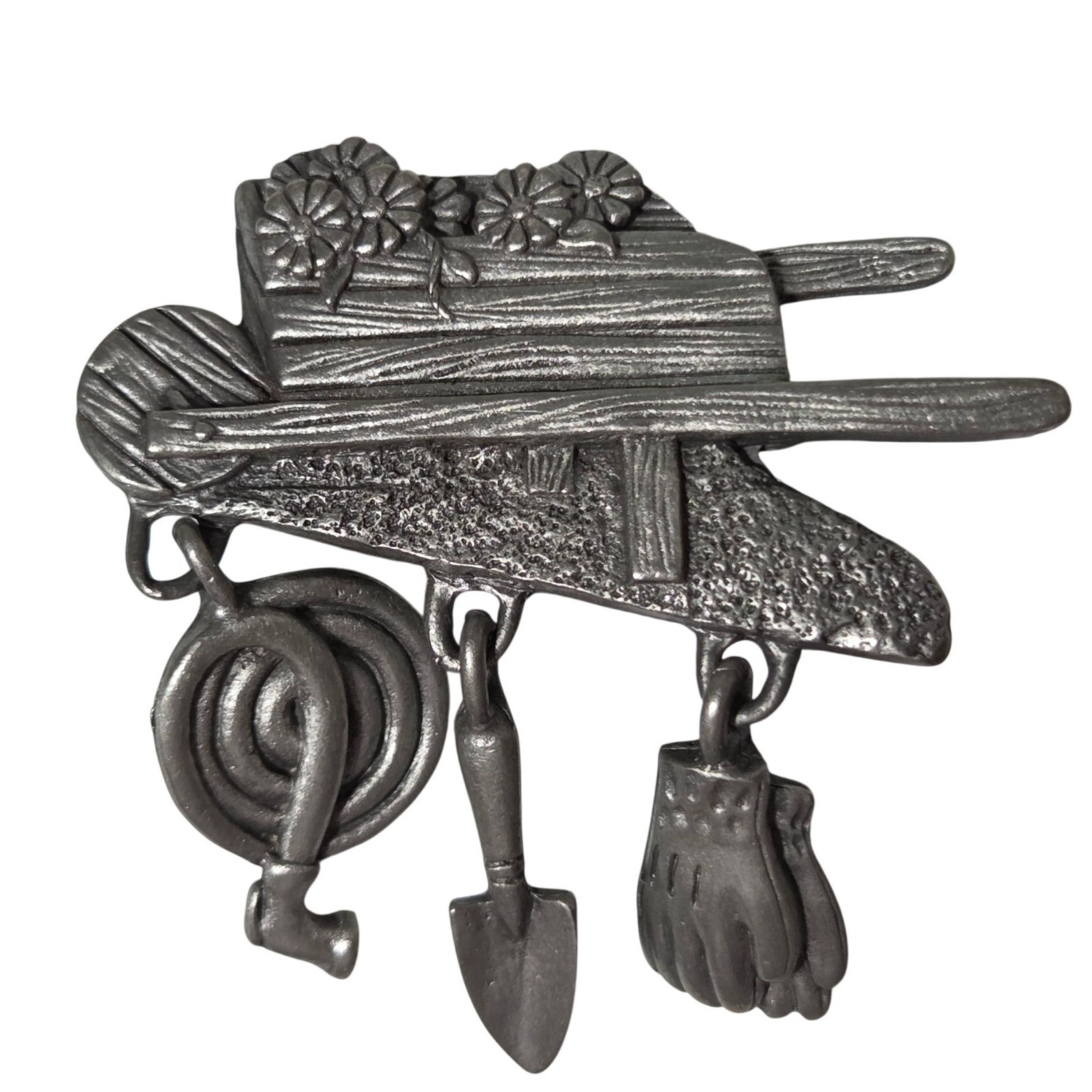 Vintage Pewter Garden Tools Brooch Shovel Hose Gloves Wheelbarrow Design USA