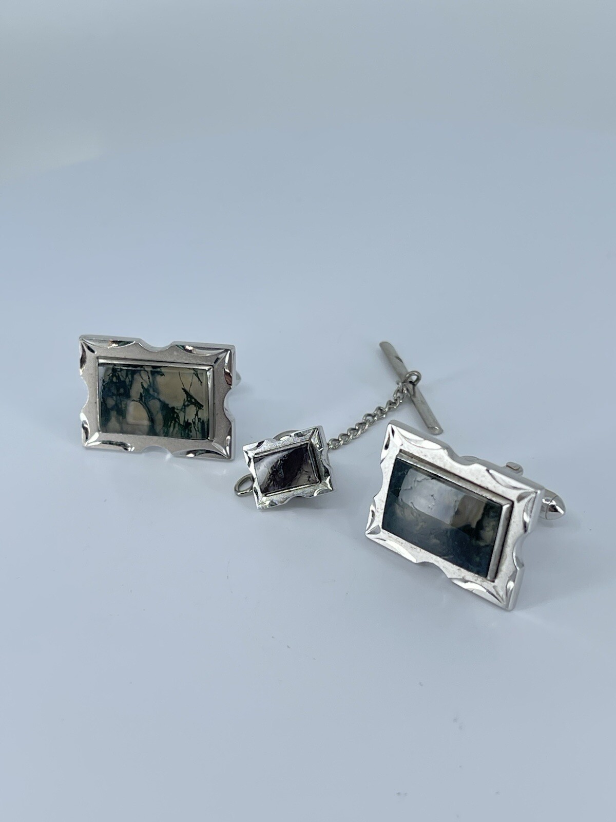 Swank Cufflink and Tie Tack set Jadeite rectangle silver tone 3/4″
