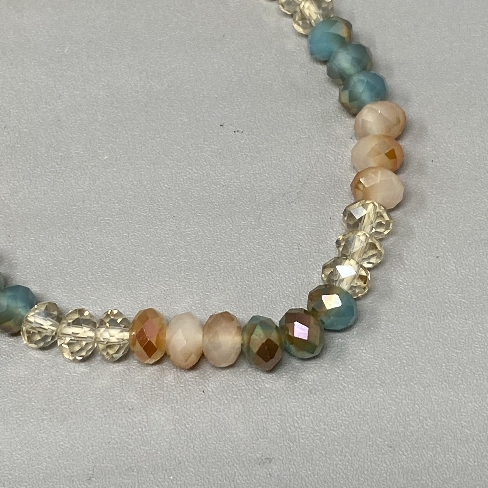 Glass Beaded Bracelet Blue Brown Clear Fire Polished Faceted Stretch Elastic 7″