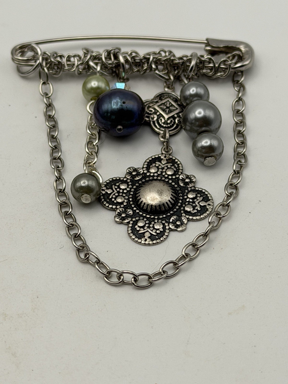 Medallion & Baroque Pearl Style Charm Silver Tone Safety Pin Brooch