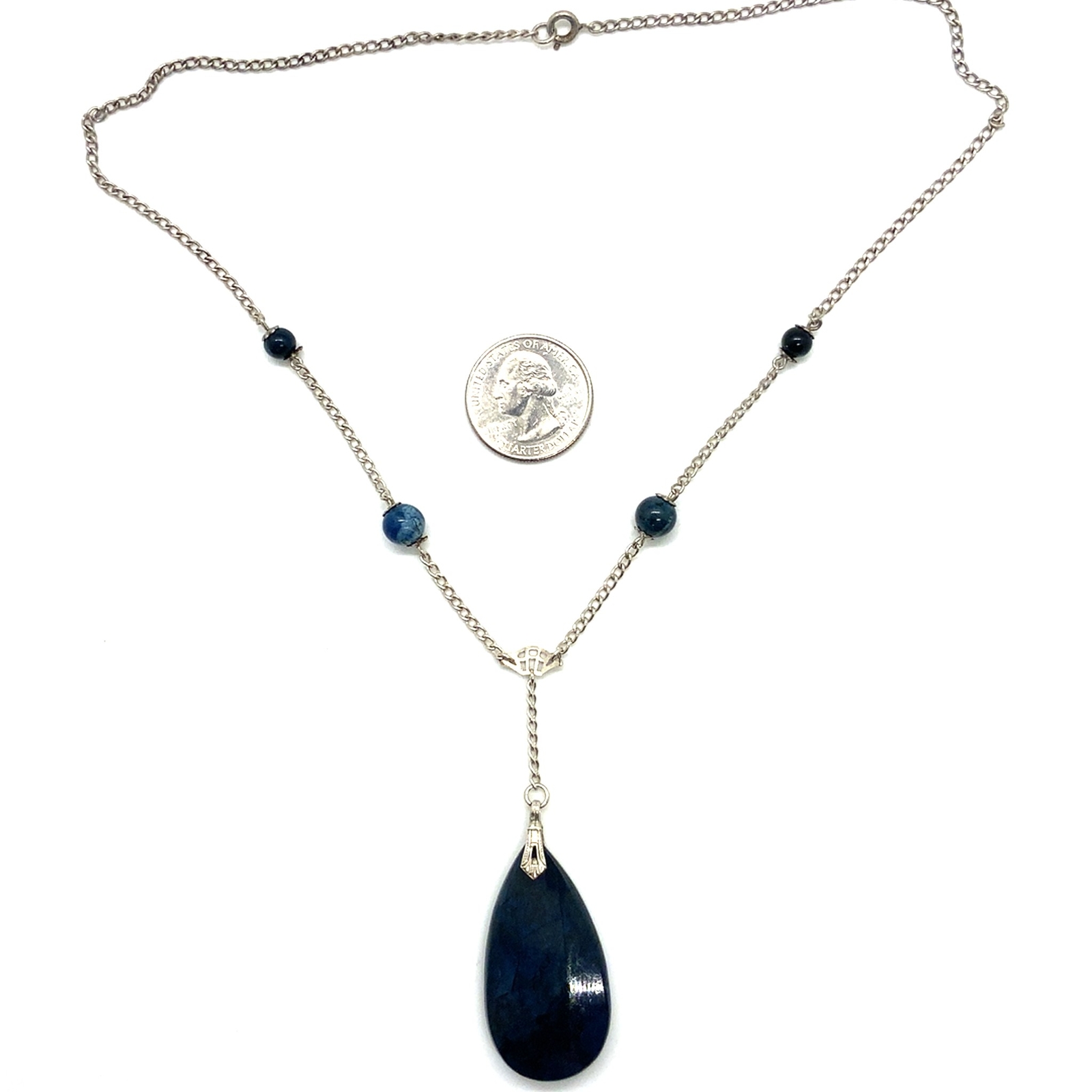 Vtg Signed Sterling Silver Lapis Lazuli Teardrop and Bead Lariat Necklace 18 3/4