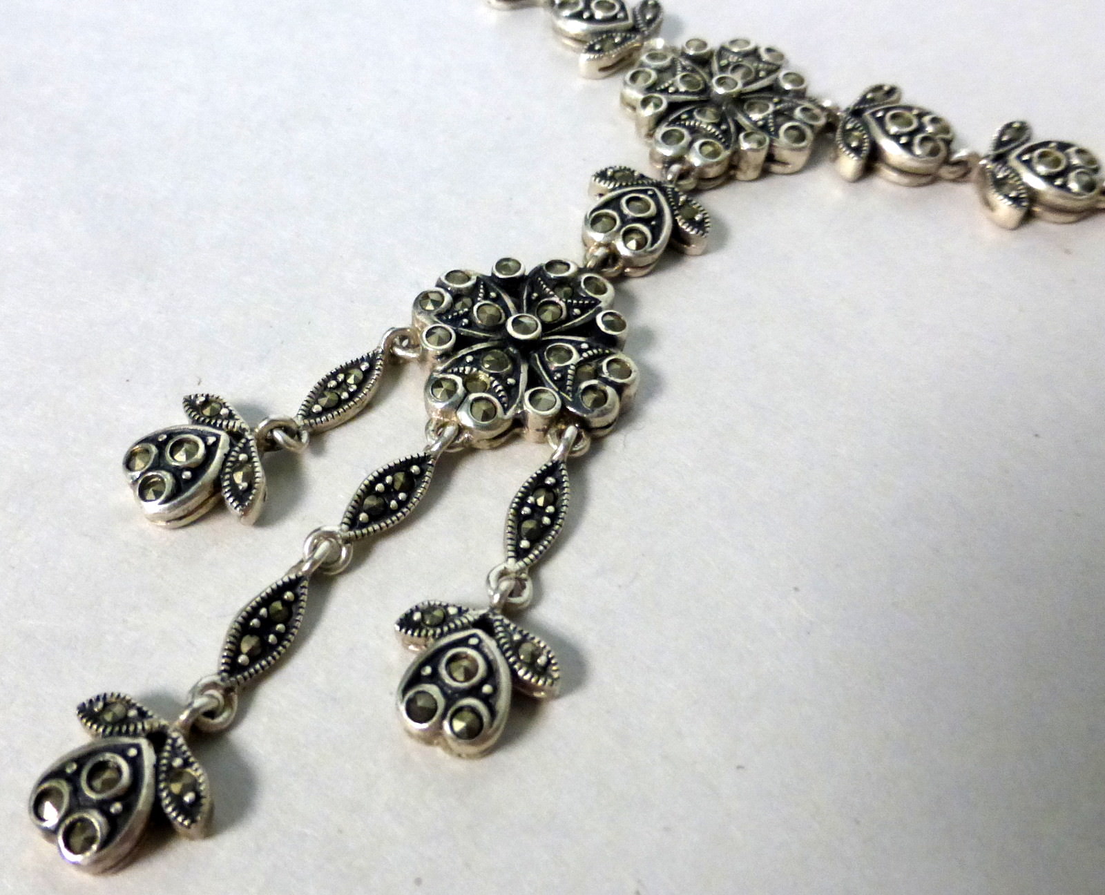 52gms Vintage 925 Silver Hearts Flowers Marcasite Victorian Drop Style Necklace