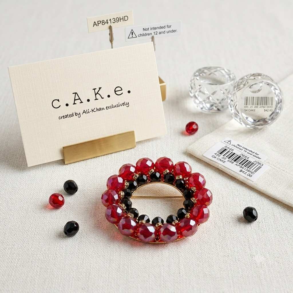 Ali Khan sparkling circular brooch, with faceted stones fuchsia/red-charcoal/blk
