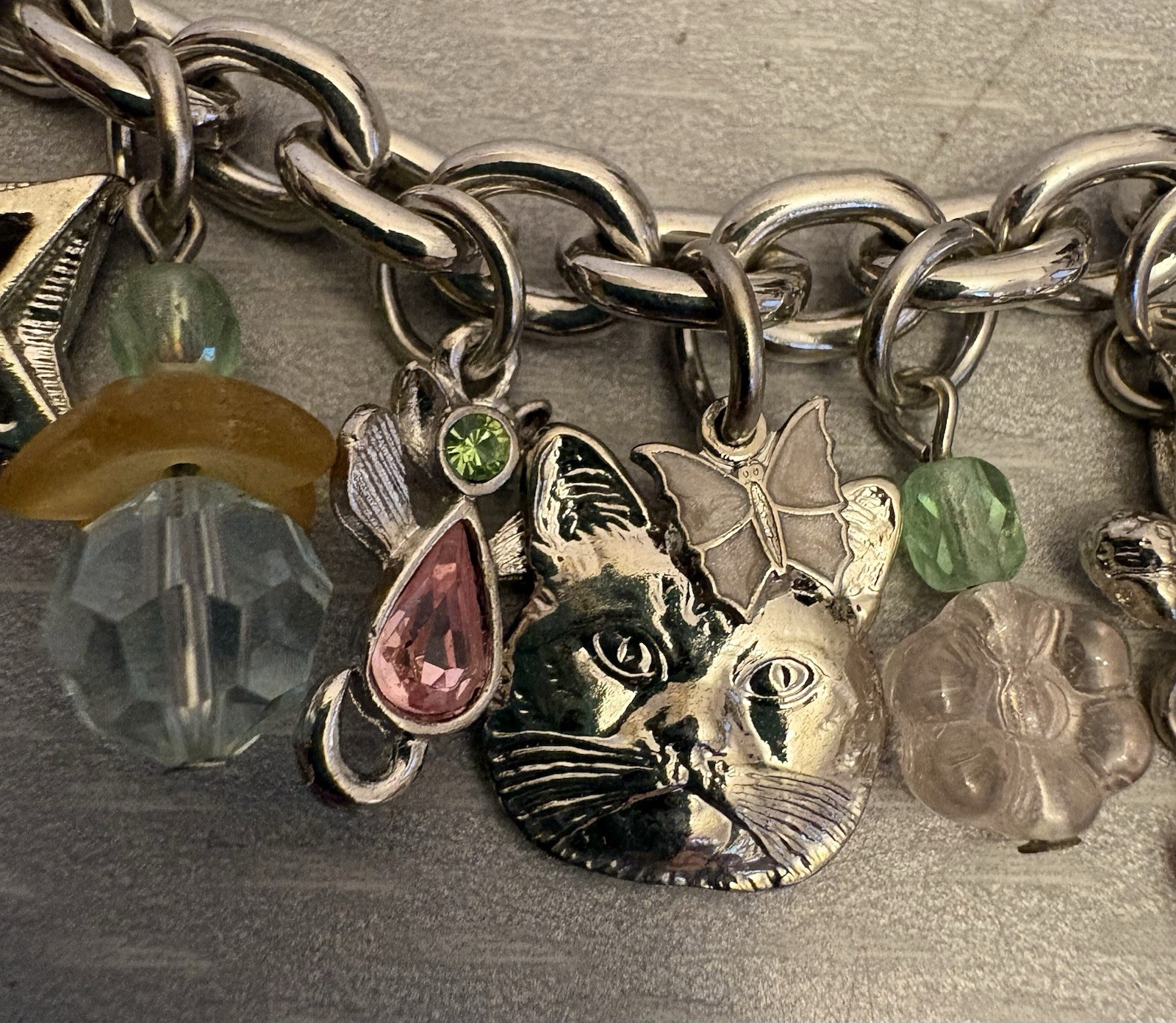 Vintage Kirks Folly Cat Lover Garden Fairies Whimsical Charm Bracelet Silvertone