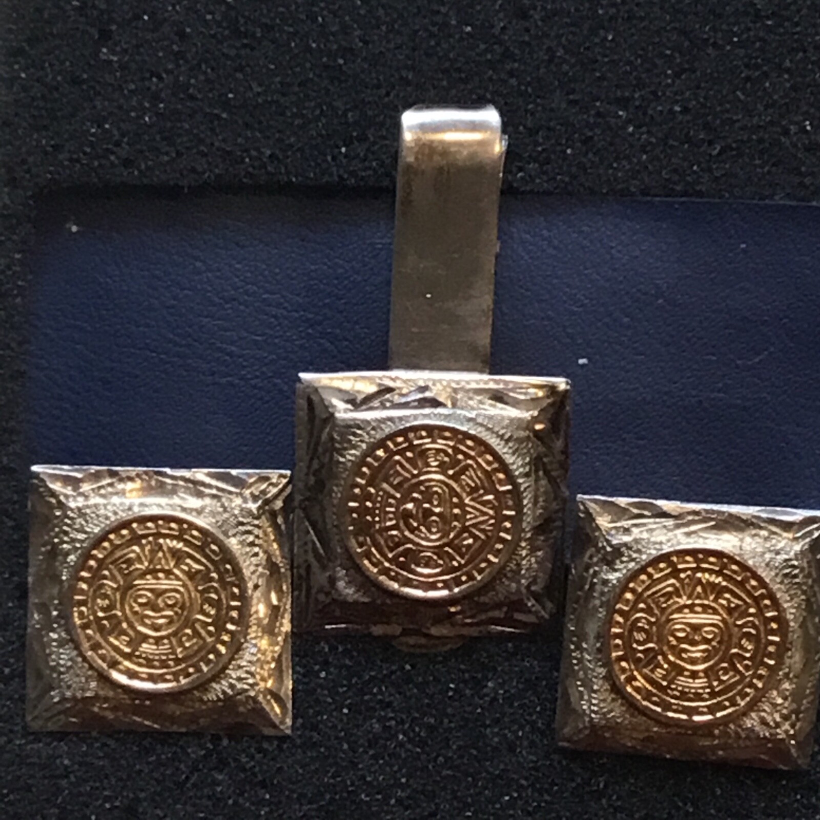 XXX RARE Vintage 925 Sterling SILVER Gold AZTEC Cuff Links Tie Clip hallmark SET