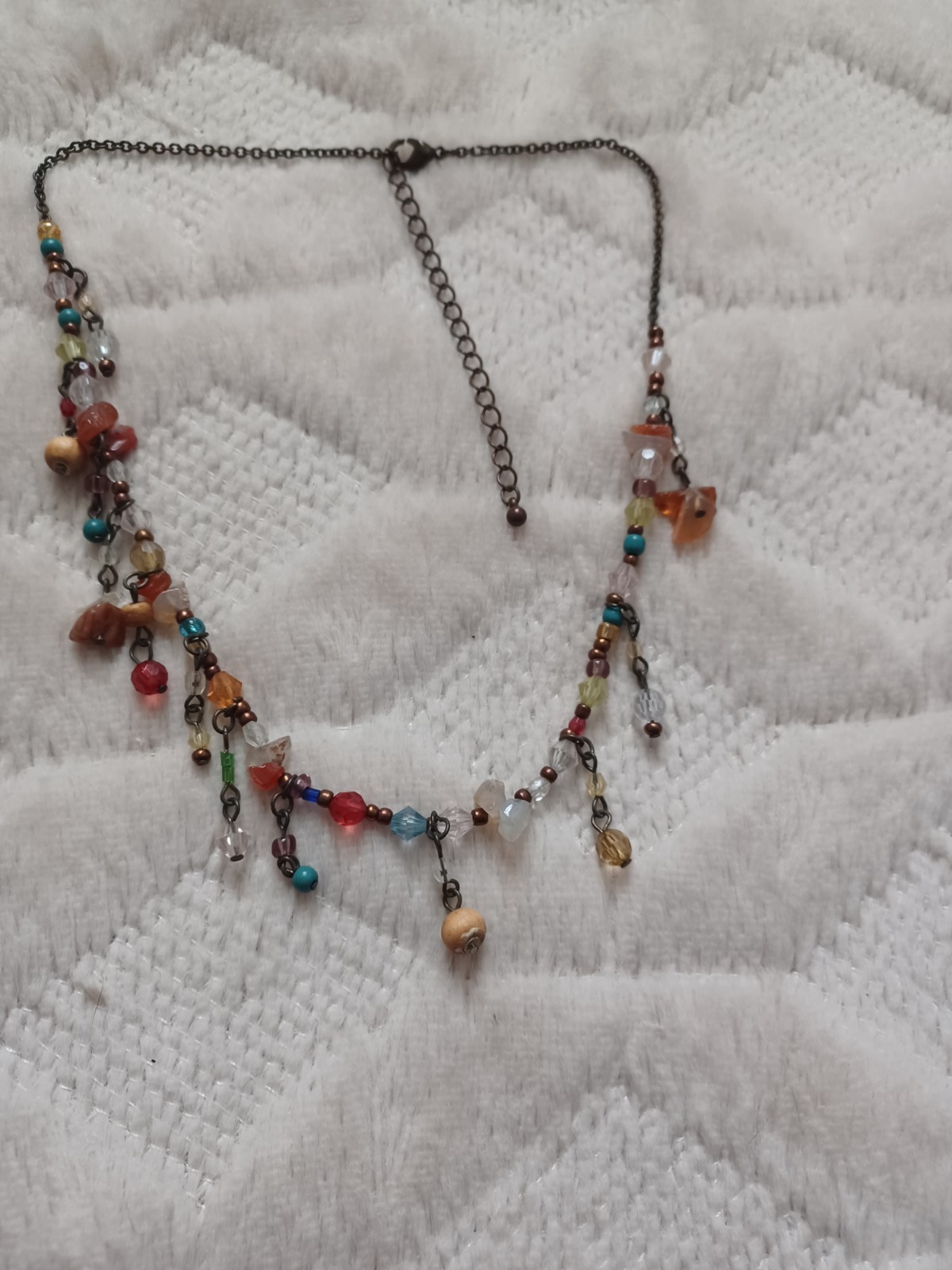 Vintage Y2K Early 2000’s Multicolor Beaded Fringe Bronze Tone Chain Necklace