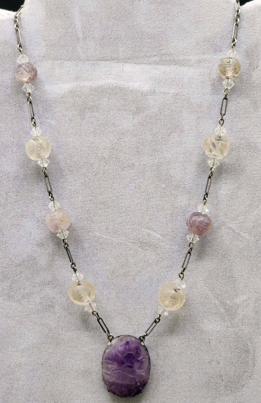 Antique Art Deco Chinese Carved Purple Amethyst Bead Necklace w/Carved Pendant