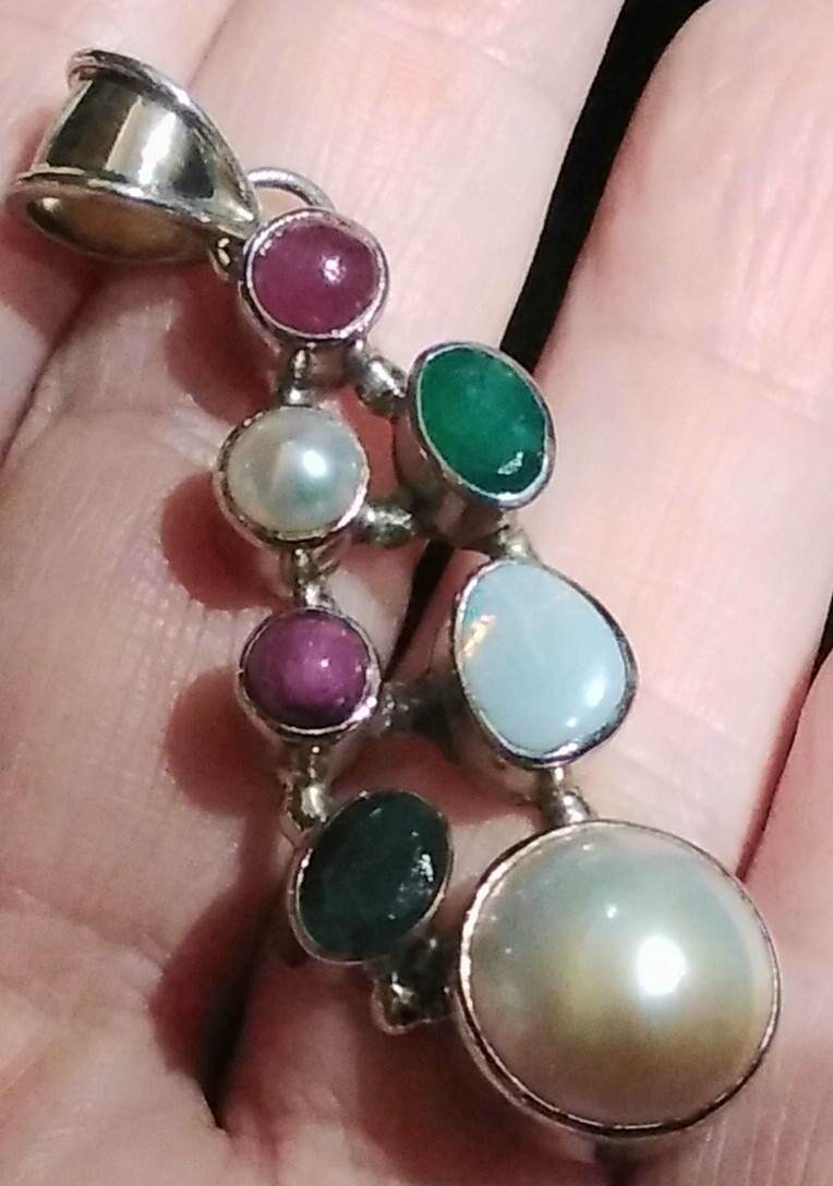 Unique Sterling Silver Opal Ruby Emerald Pearl One Of A Kind Pendant w Chain