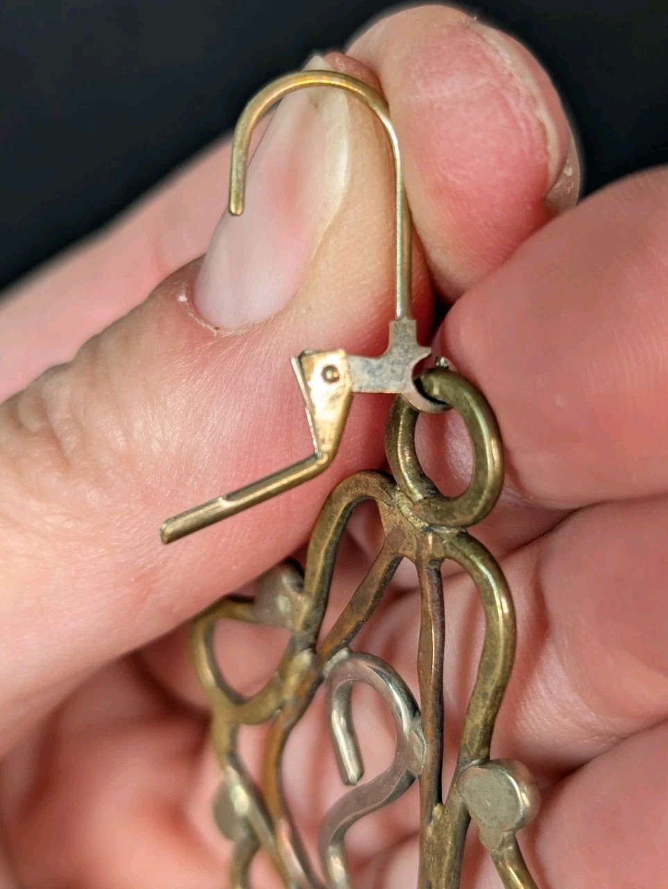 Vintage Artisan Mixed Metal Hammered Copper Brass Open Work Dangle Earrings
