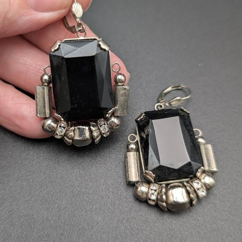 Vtg Earrings Statement Black Silver Geometric Faceted Glass Rhinestone Polished