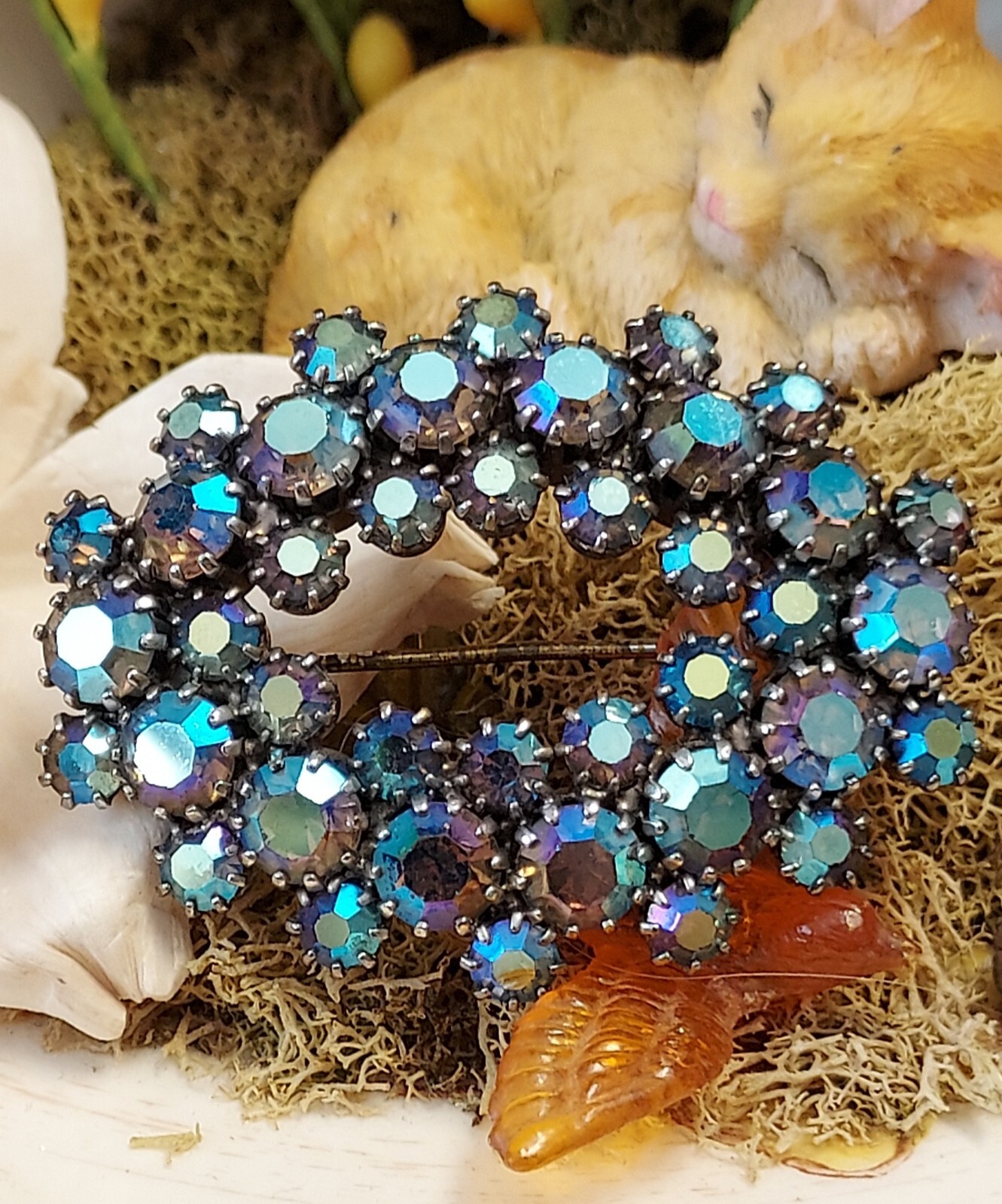 Vintage Aurora Borealis Rhinestone Brooch Pin AB Glass Cluster Prong Set