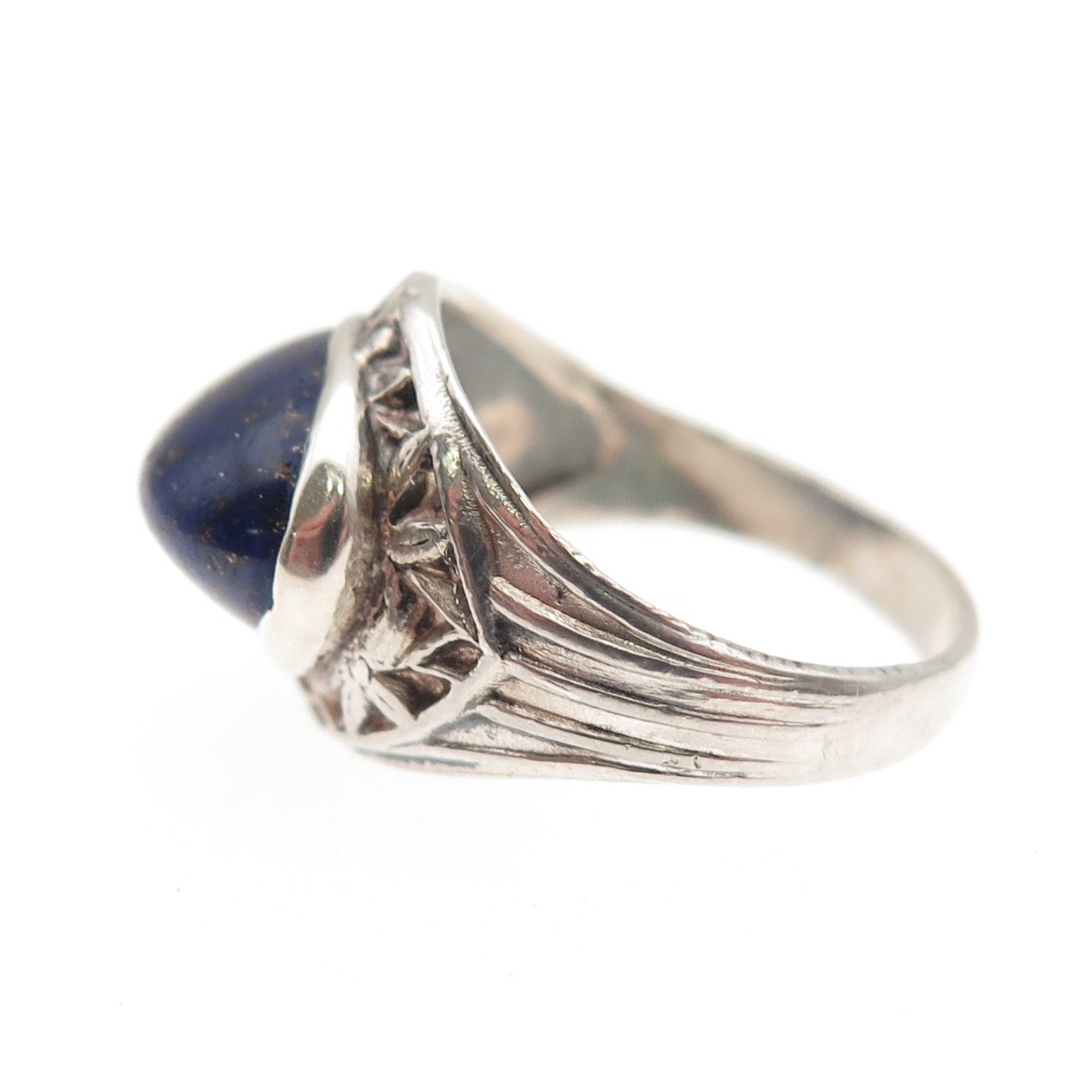 925 Sterling Silver Vintage Real Lapis Floral Oxidized Ring Size 4.25