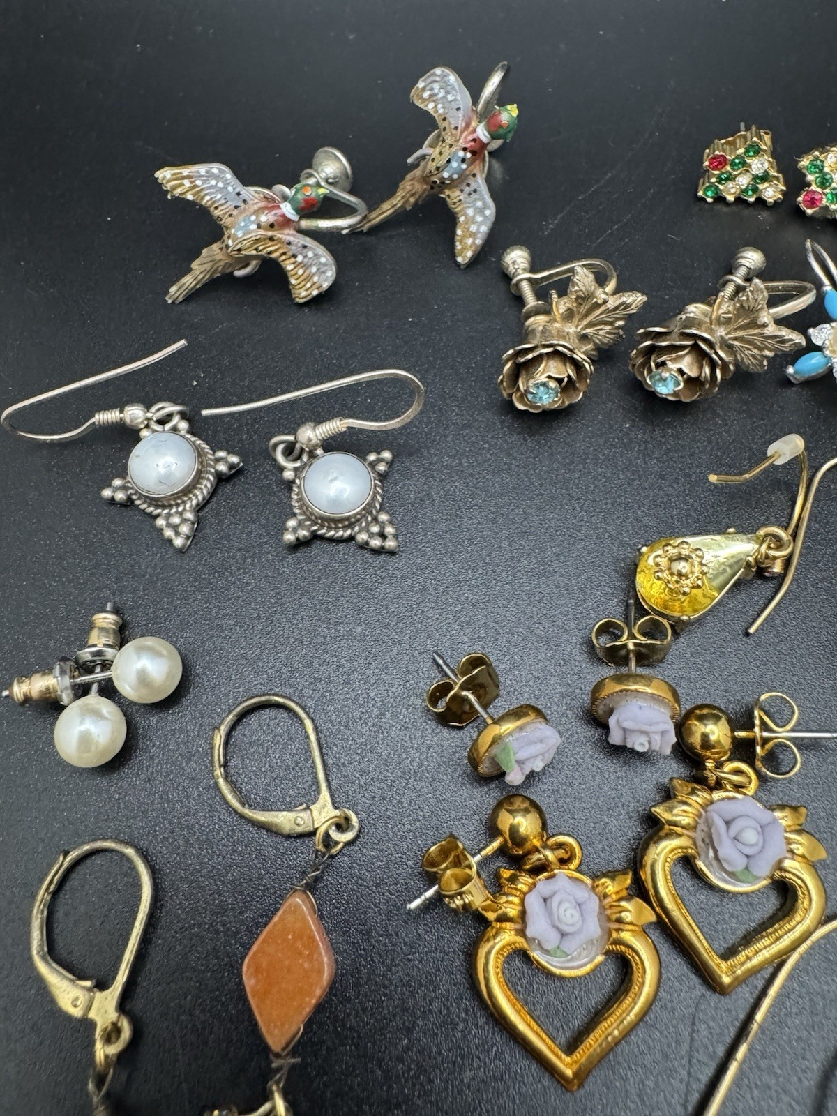 Vintage Earrings Lot 17 Pairs Avon Cameo Heart Dangle Rose Bird Mixed Styles