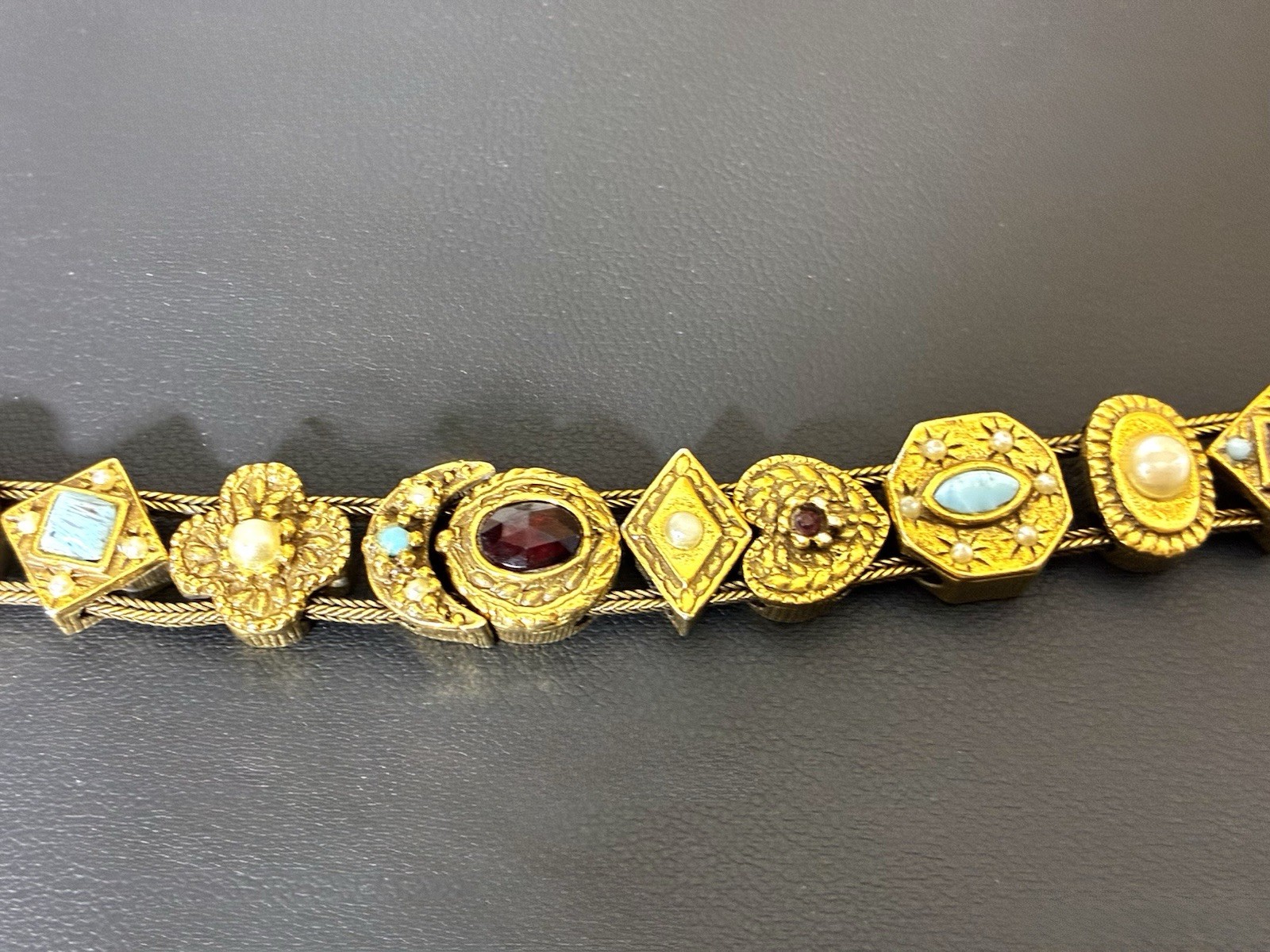 Vintage Victorian Revival Gold Tone Slide/Charm Bracelet, Attributed To Goldette
