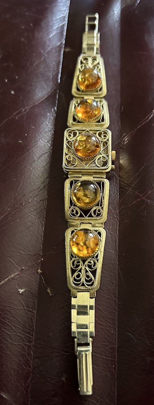 Vintage MCM Chika Baltic Amber Gold Plated 1950s USSR Hidden WATCH Bracelet