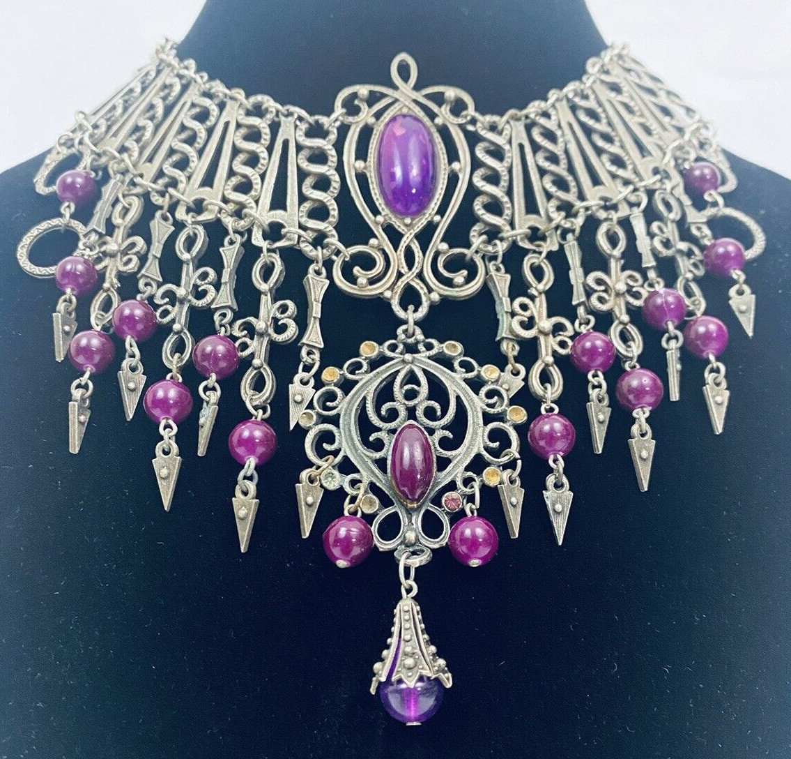 Vintage French DLH DEPOSE Necklace Bib Statement Pewter Purple 14.5″ Costume
