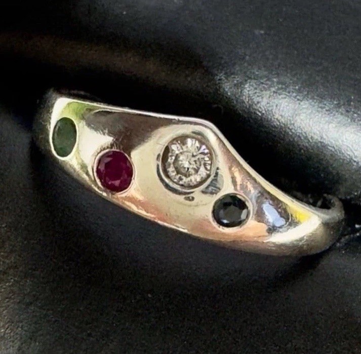 Vintage Custom Made Sapphire Emerald Ruby Sterling Silver Band Ring