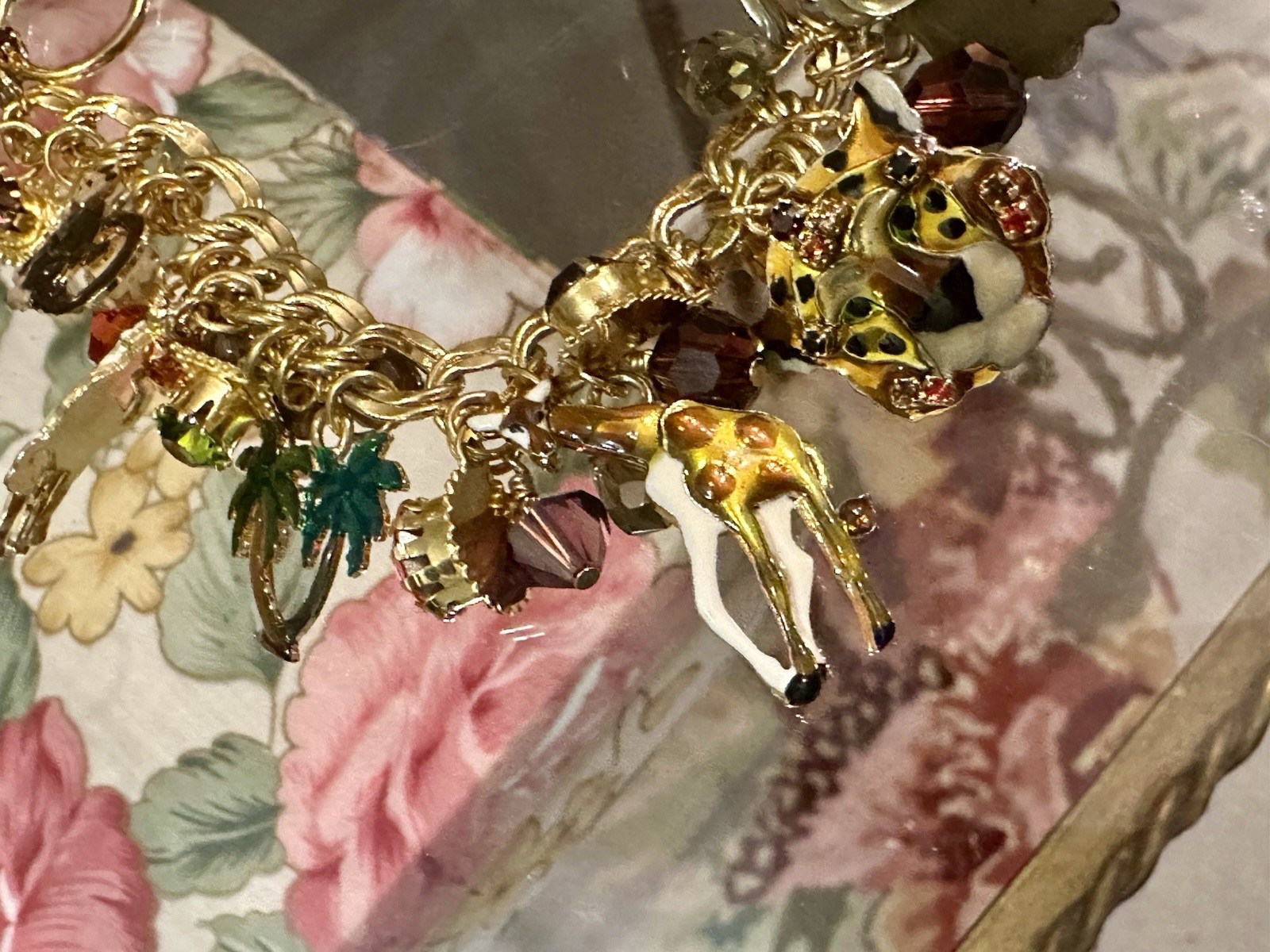 Vintage Lunch at The Ritz Gold Tone Zoo Charm Bracelet Zebras Giraffes Monkeys