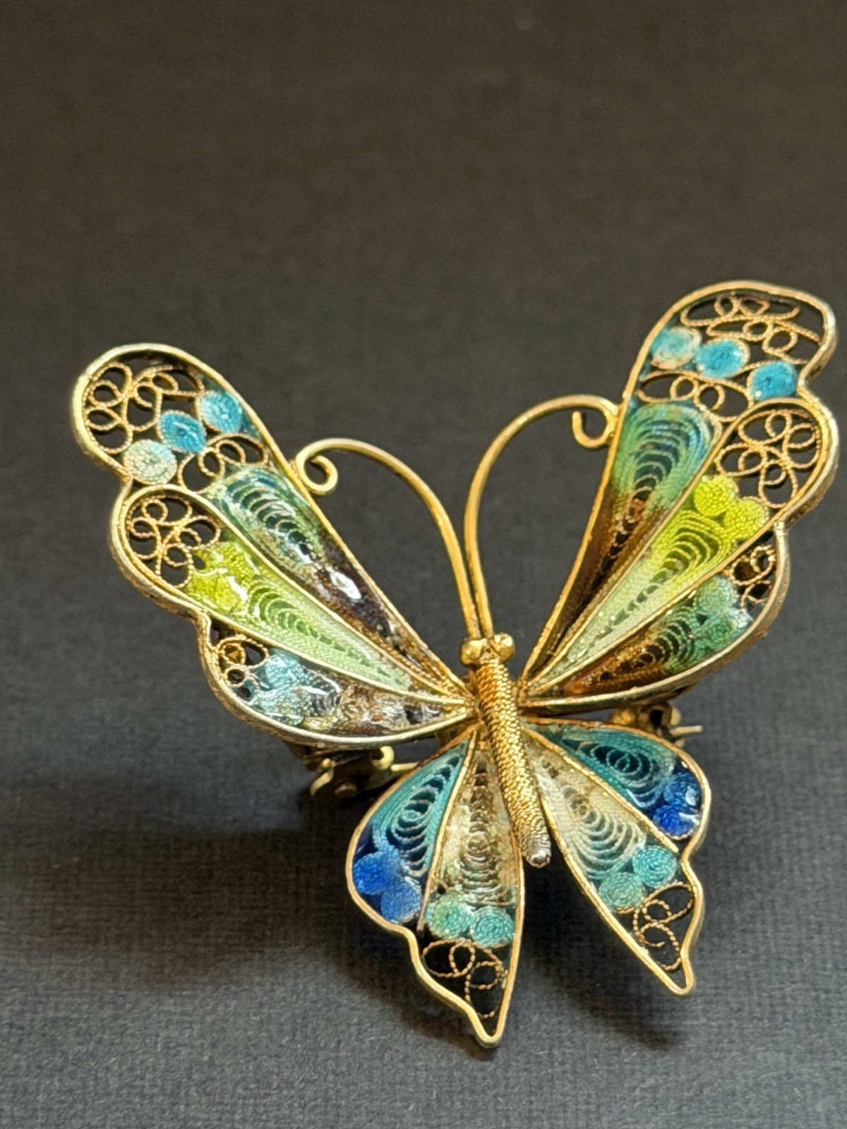 Vintage 800 FIne Silver Gold FInish Multi-Color Enamel Filigree Butterfly Brooch
