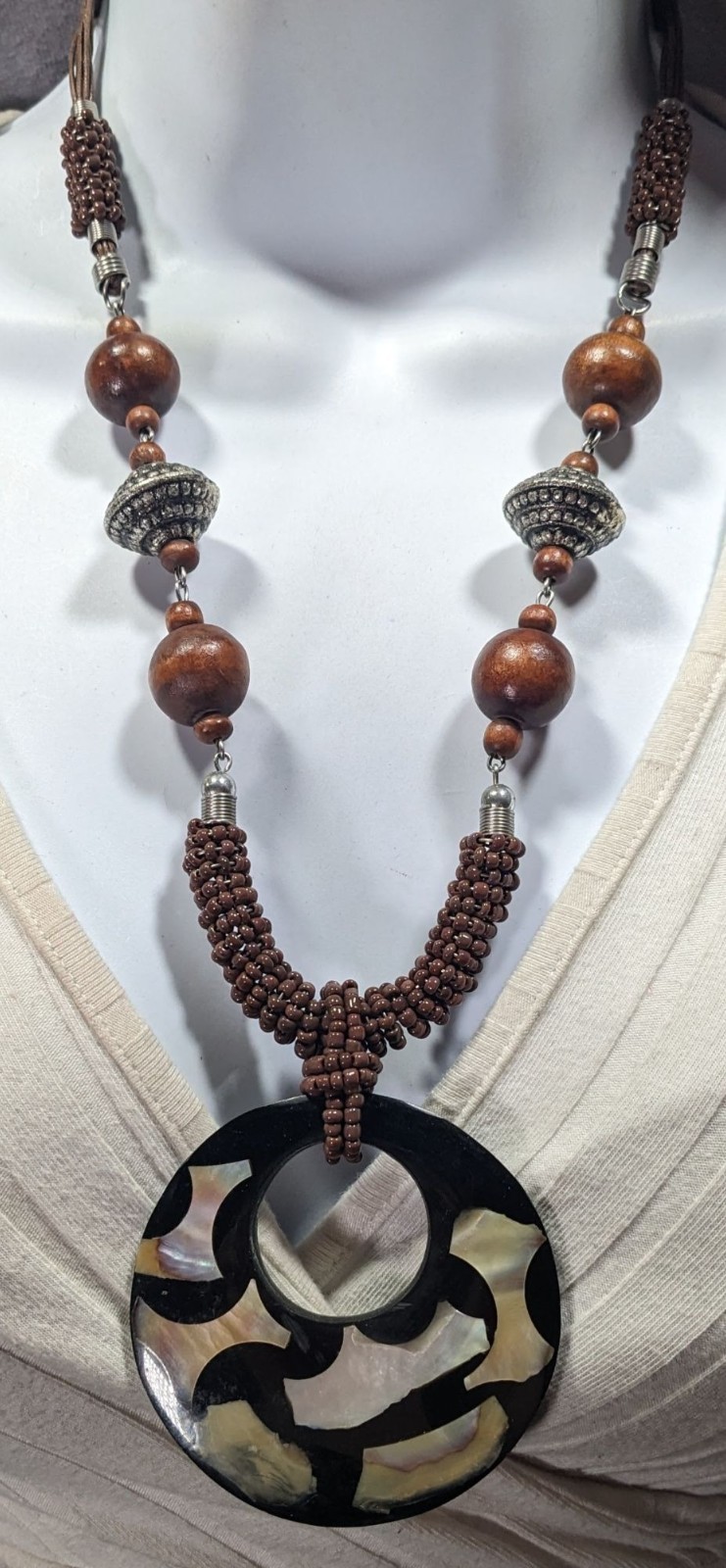 Vintage Bohemian Wood And Metal Necklace With Shell Inlay Pendant