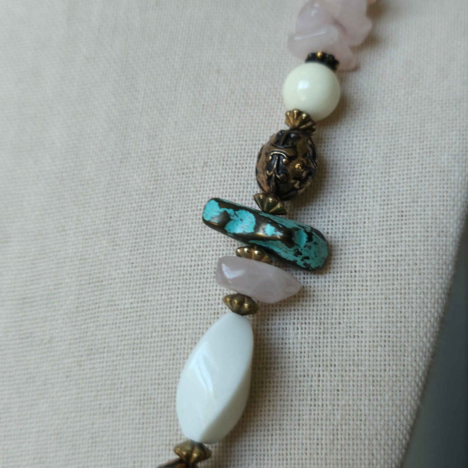 Vintage Necklace Earrings Set Acrylic Mosaic Shell Rose Quartz Howlite