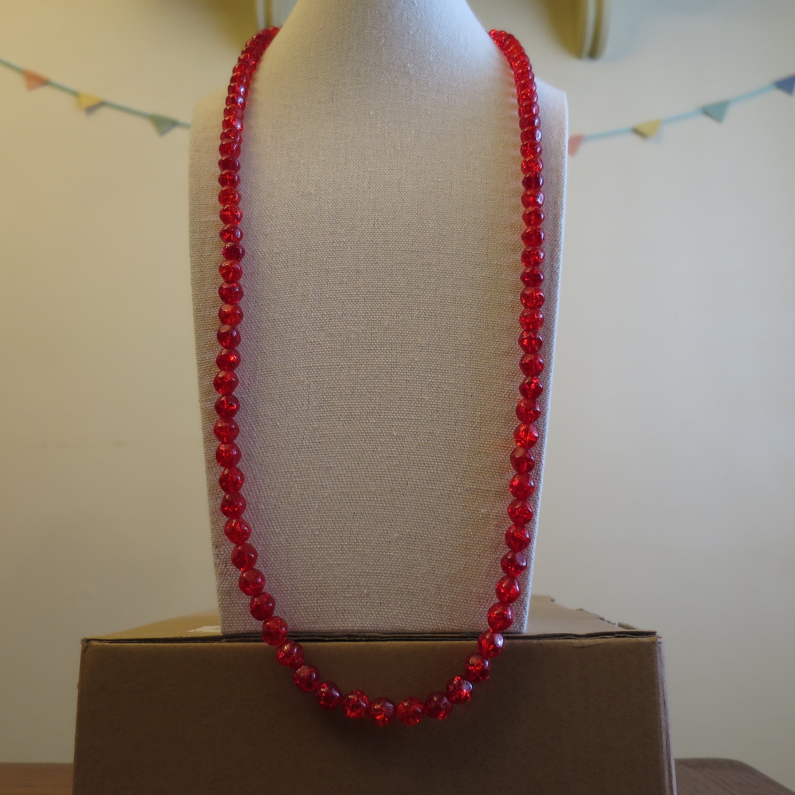 Lester Joy Red Glass Beads Beaded Necklace 29 inches Long 1960s Stunning Vintage