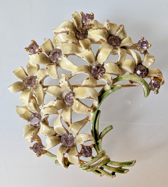 Vintage Floral Enamel Bouquet Design Brooch Lavender Rhinestones Gold Tone