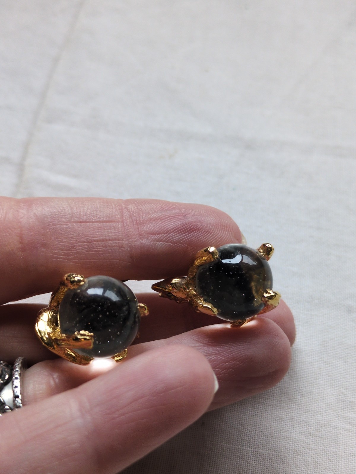 Vintage Cat Pool Of Light Gold Plate Earrings, Crystal Eyes