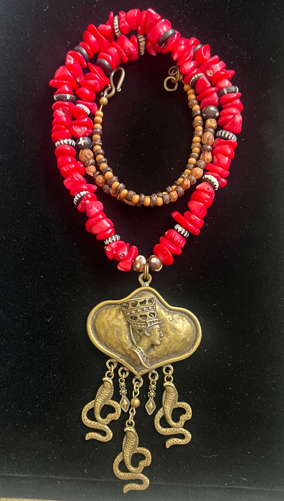 Artisan Necklace Egyptian Revival Nefertiti Pendant Red Coral Beads Cobra Detail