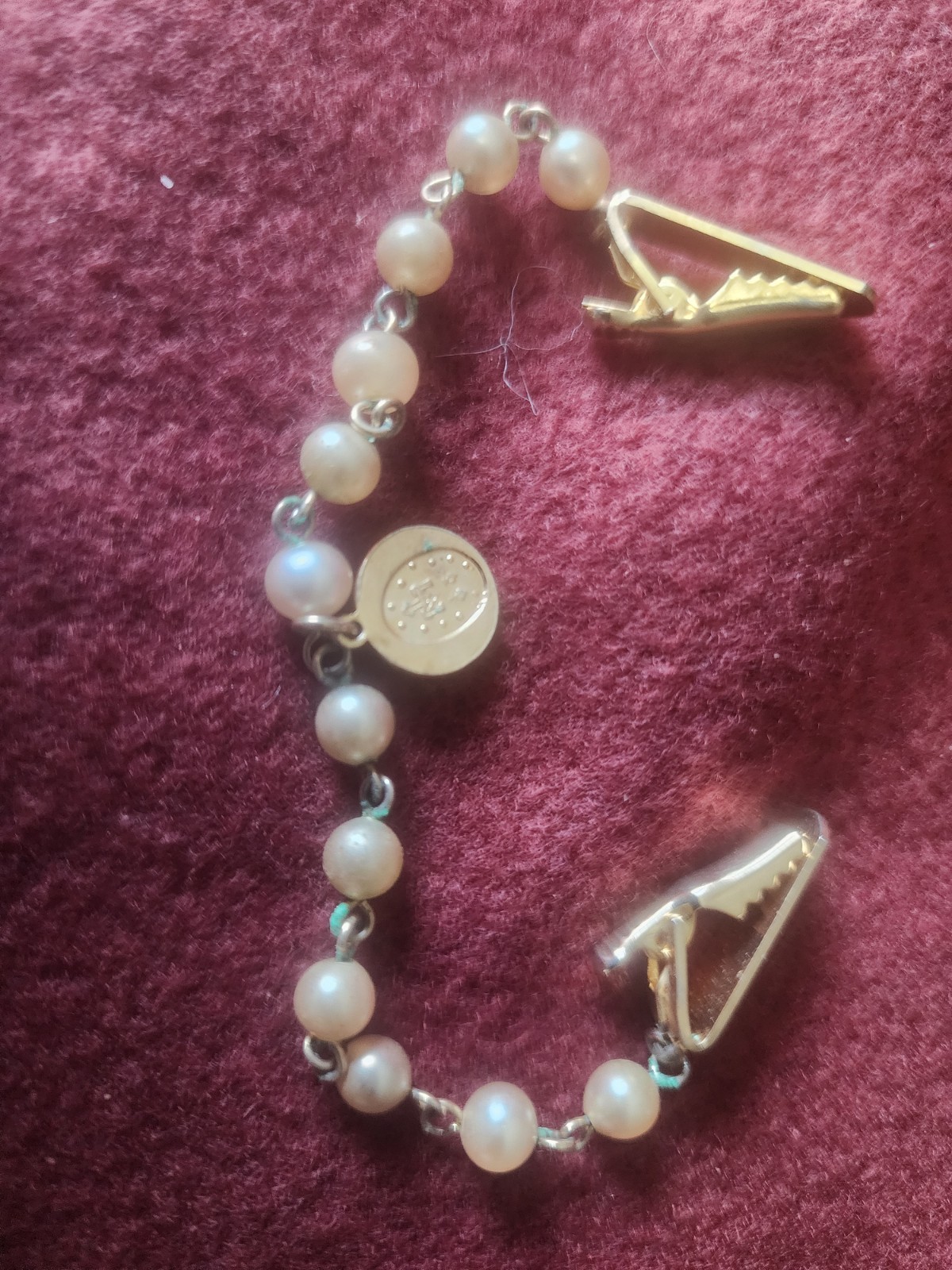 Vintage 1960s Pearl Sweater Clip with Miraculous Medal – Cardigan Cape Clip