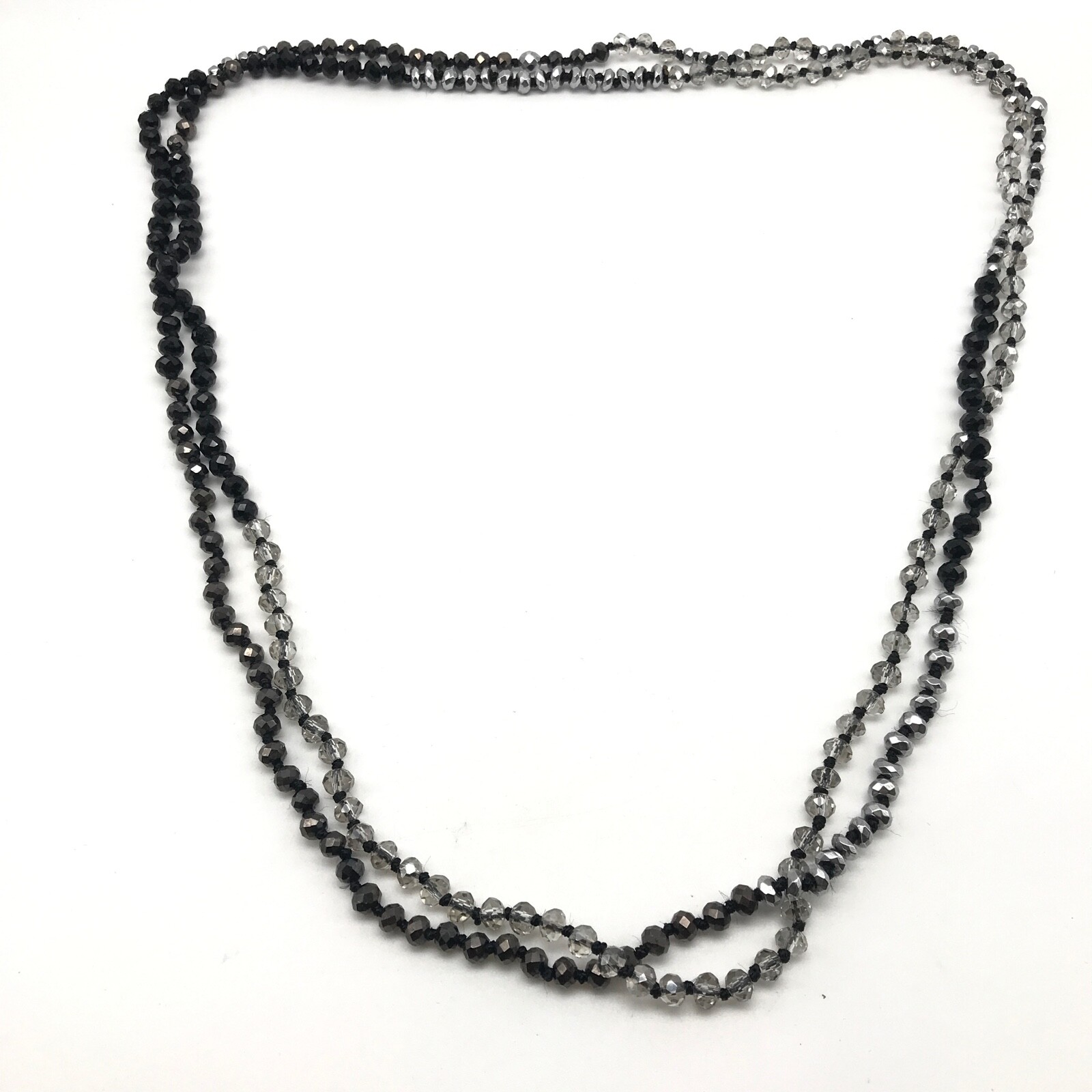 Vintage Clear Crystal Black Faceted Glass Beaded Long Hand Knot Strand Necklace