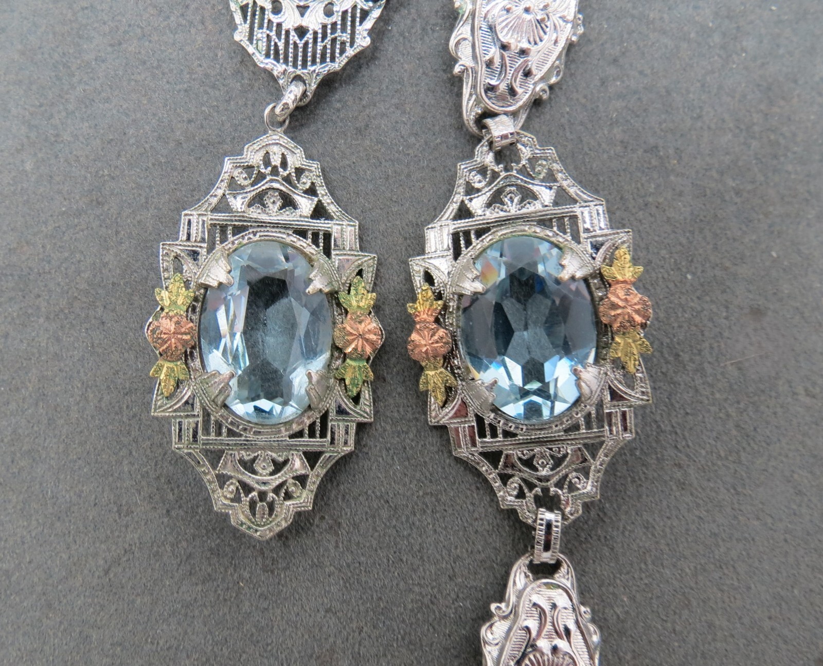 Antique Necklace Bracelet Silver Filigree Purple Stones Rose Gold Accent Flower