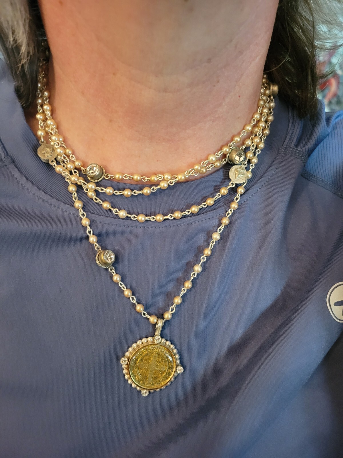 Beautiful Vtg Medallion Rosary Necklace w Matching Earrings & Case San Benito
