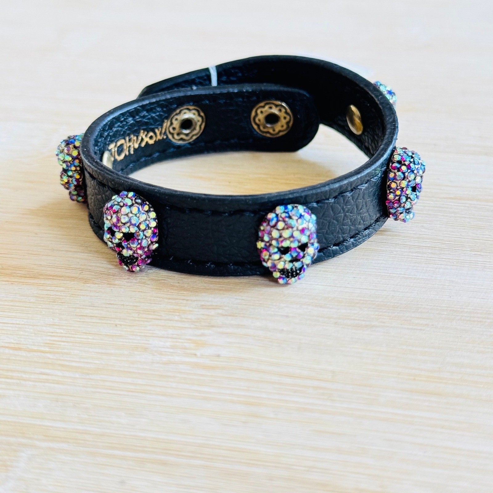 Betsey Johnson Skull Vegan Leather Bracelet WhimsyGoth Goth Punk Rhinestone NWT