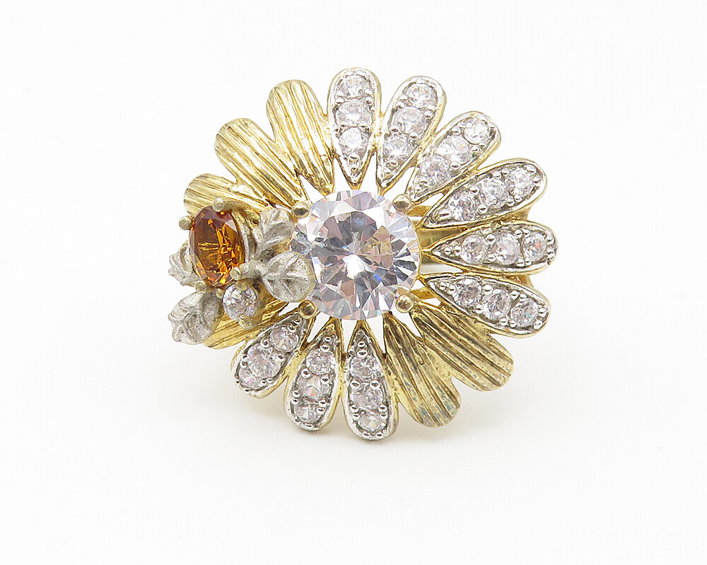JACMEL 925 Silver Cubic Zirconia & Citrine Floral Cocktail Ring Sz 8 RG10785