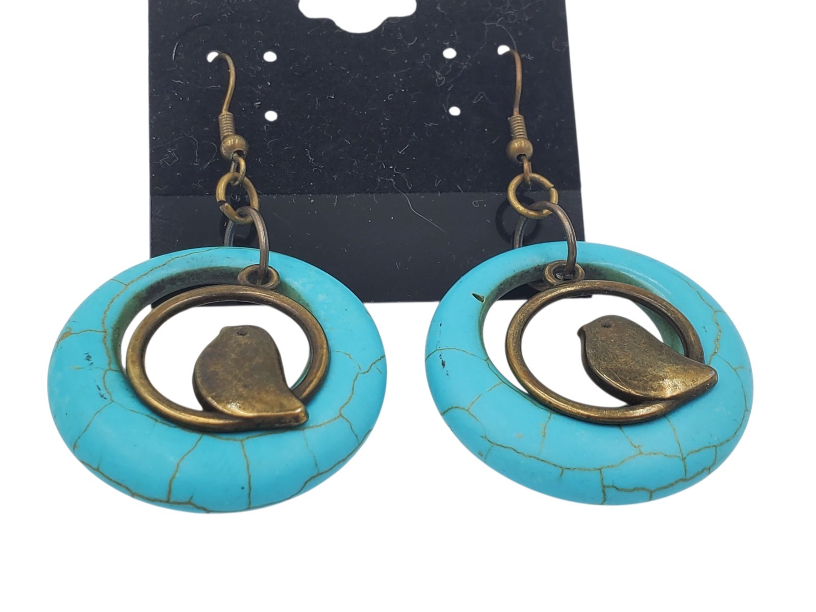 Vintage Brass and Blue Dyed Howlite Circles Dangle Bird Hook Pierced Earrings