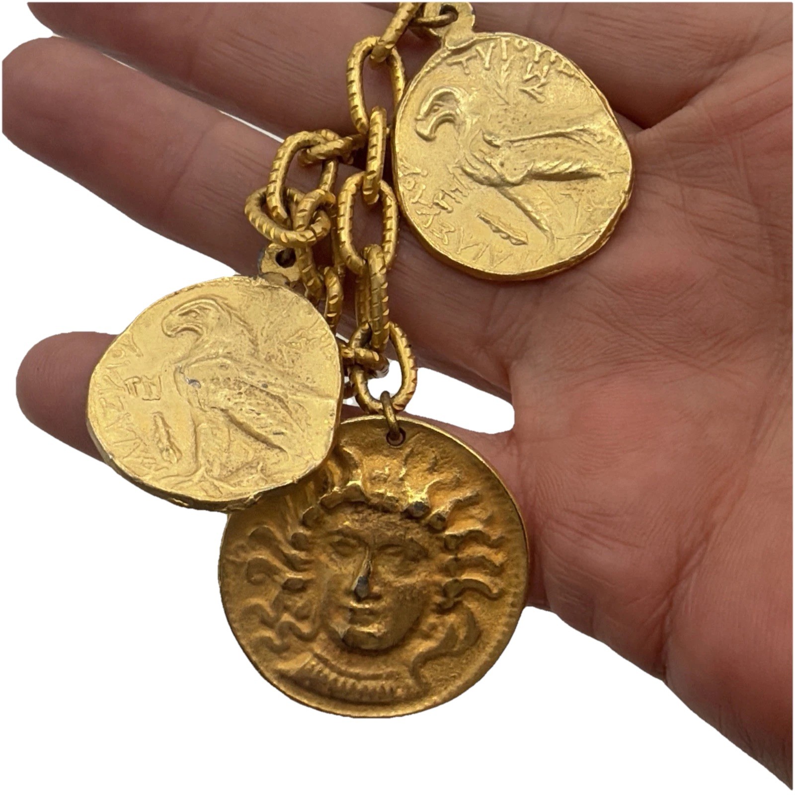 Vintage Gold Tone Coin Charm Bracelet • Ancient‑Style Medallions Textured Chain