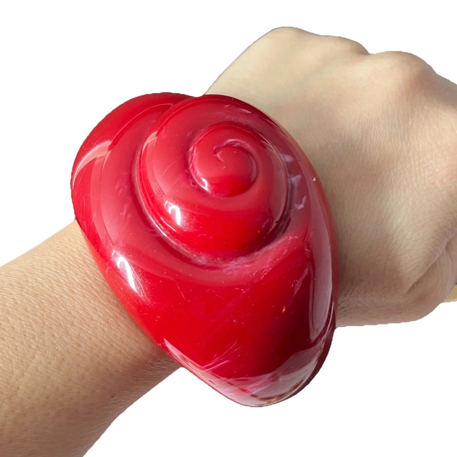 Red Lucite Cuff Bracelet Wide Chunky Statement Spiral Nautilus Shell Modernist