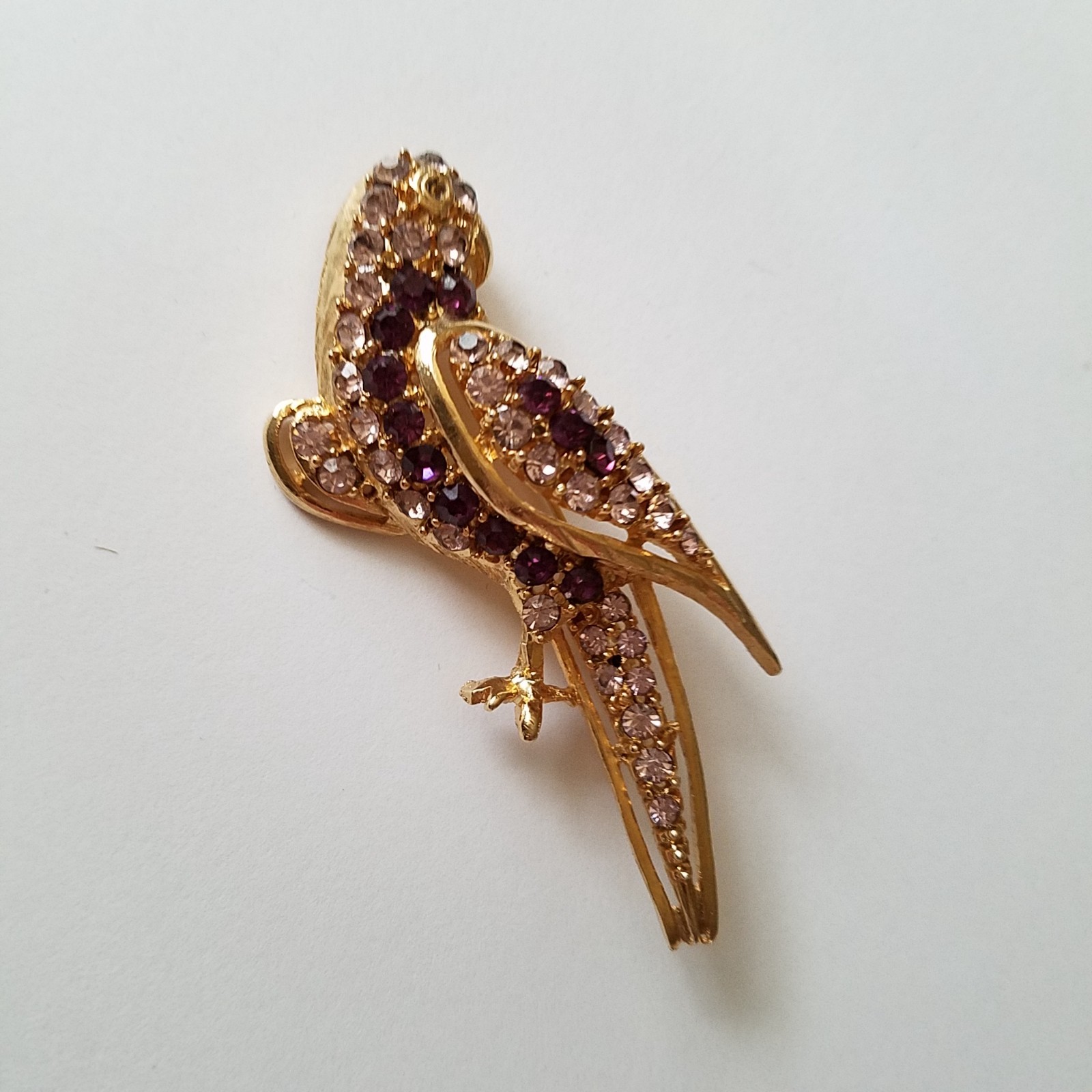 Vintage Pell Purple and Clear Rhinestone Parrot Brooch