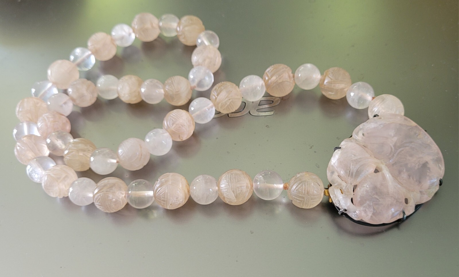 Antique Chinese Circa 1920s Sterling Carved Rose Quartz Beads Pendant Necklace