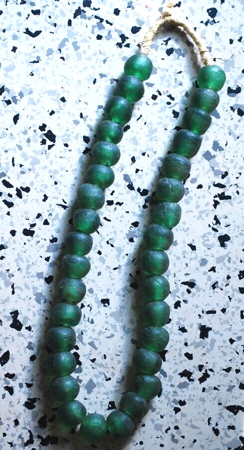 HUGE Recycled SEA GLASS STATEMENT NECKLACE Matte Green 23mm AFRICAN TRADE BEADS