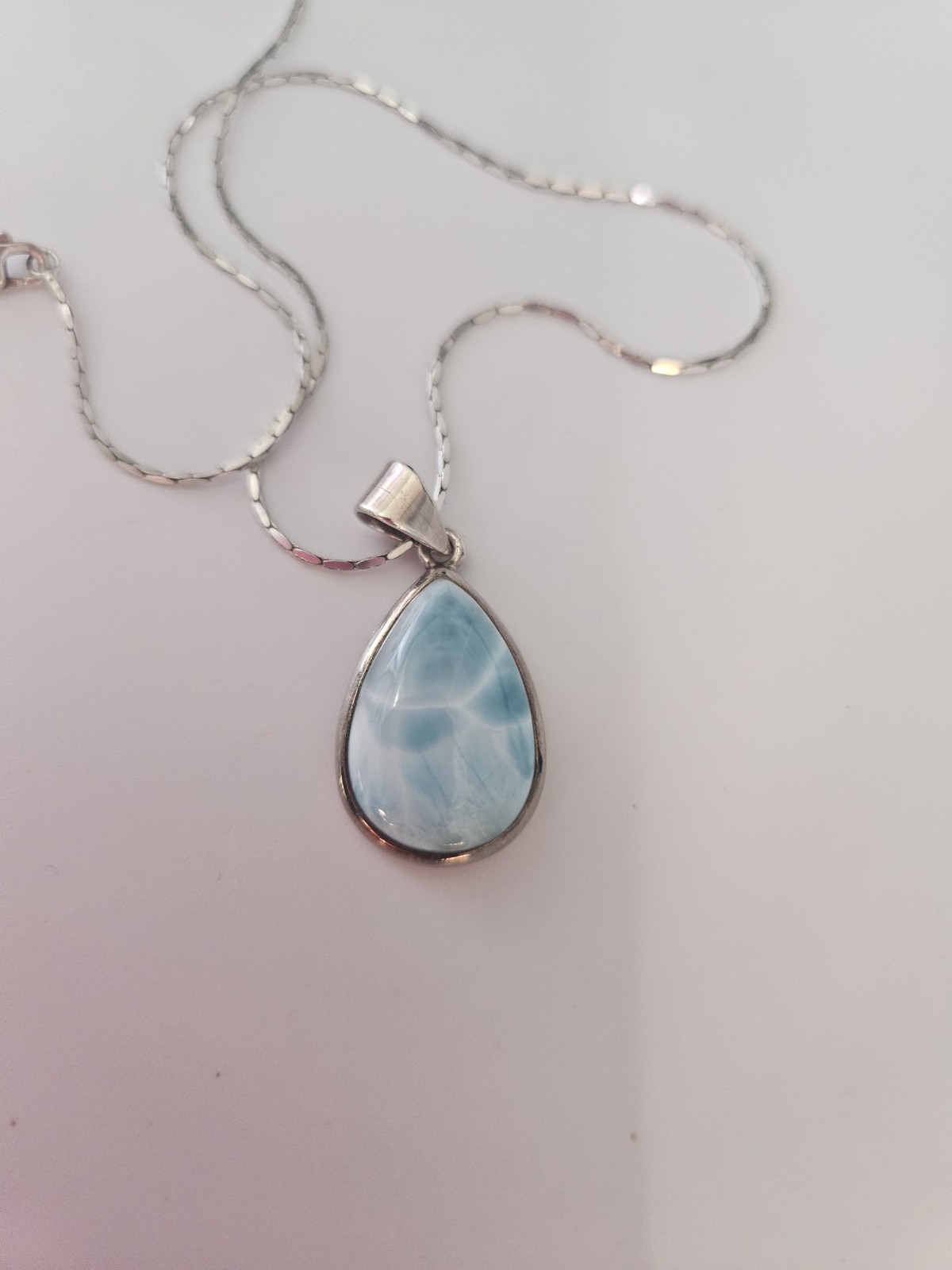 Vintage 925 Sterling Silver Natural Larimar Pendant Necklace 16″
