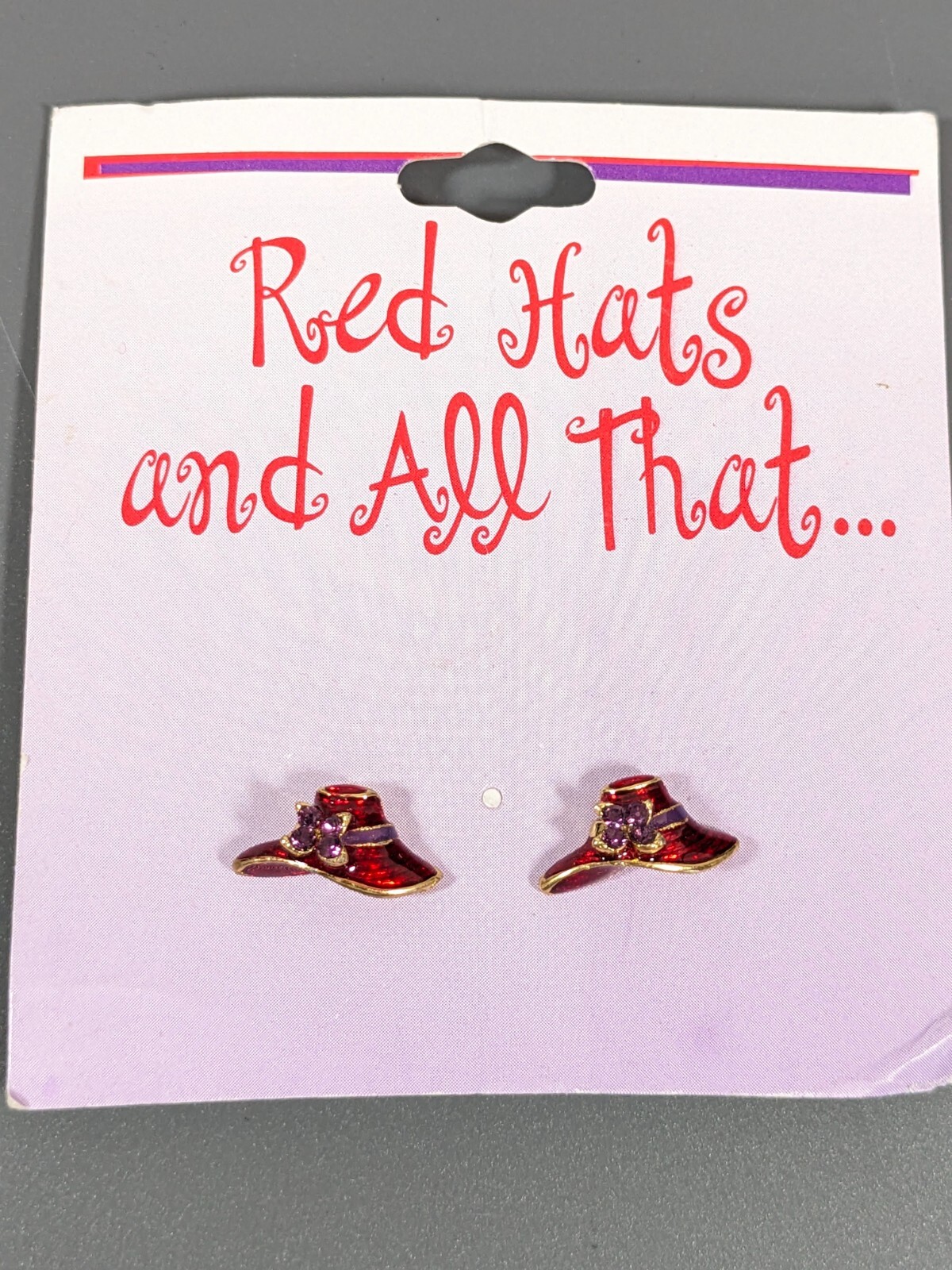 Vintage Ladies Red Hat Purple Rhinestone Enamel Pierced Stud Earrings