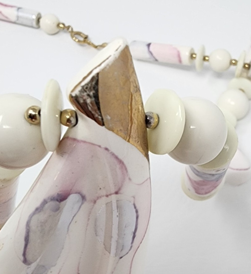 Vtg 80s Japan Hand Painted Pink Watercolor Ceramic Necklace Chunky Statement 30″