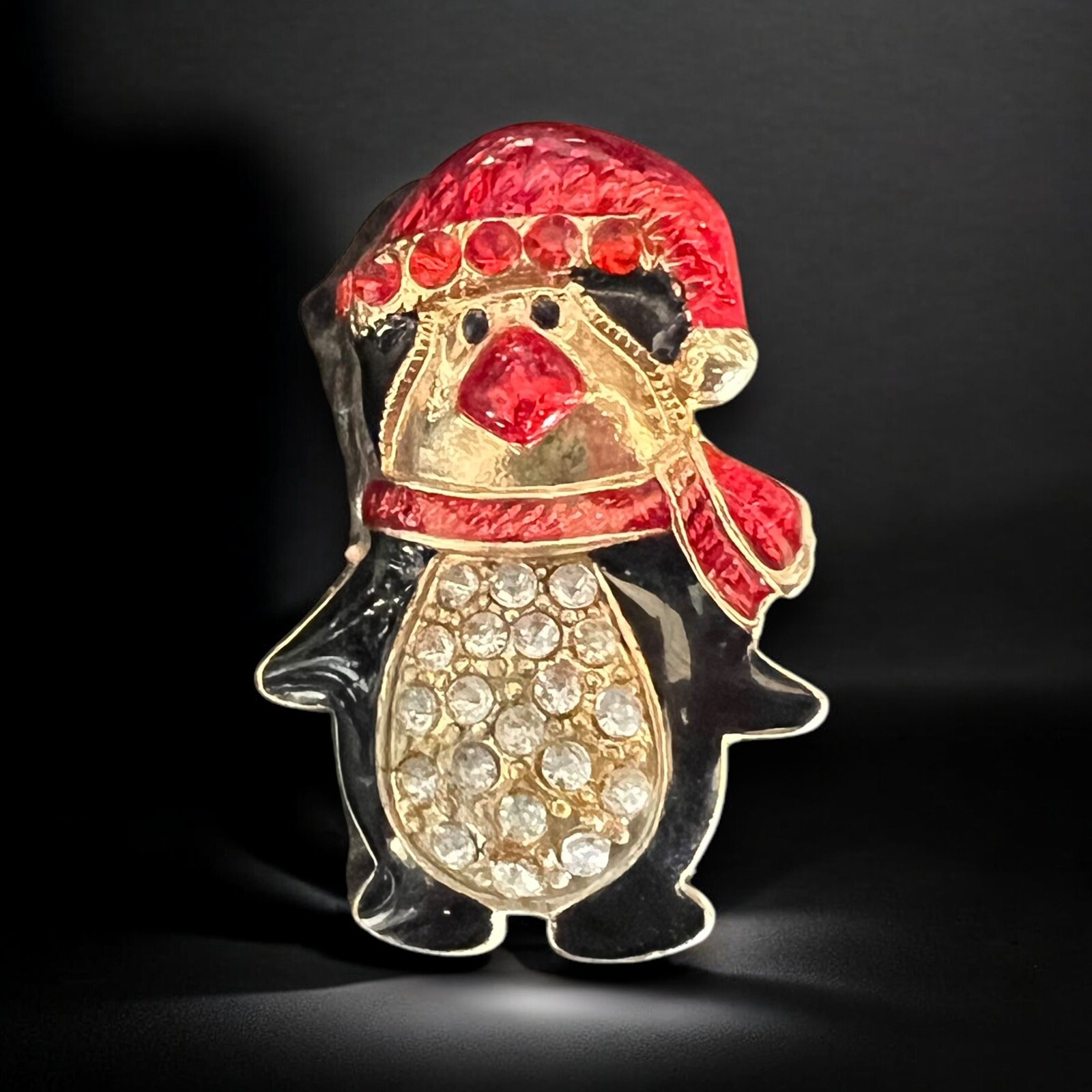 Penguin Christmas Brooch Red Enamel Hat Rhinestones Gold Tone Vintage Holiday