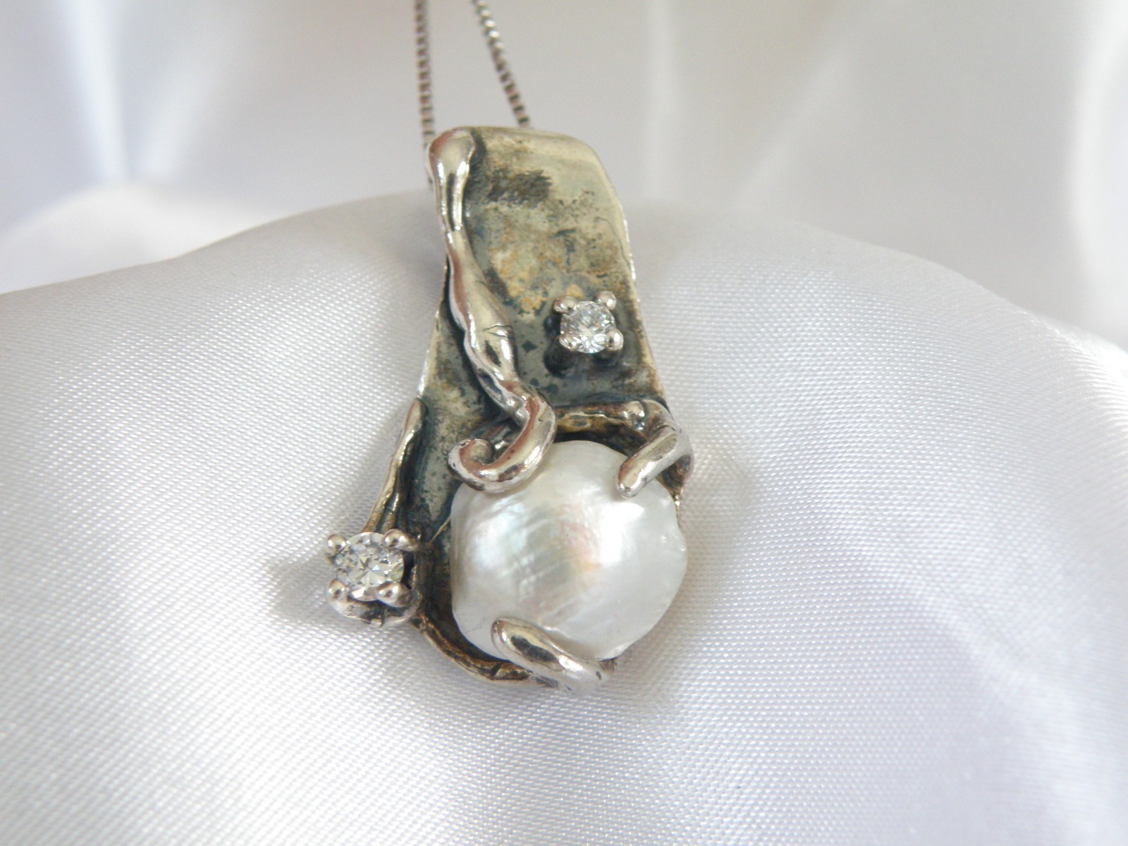 Brutalist Sterling Silver 925 Baroque Pearl Modernist Pendant Necklace